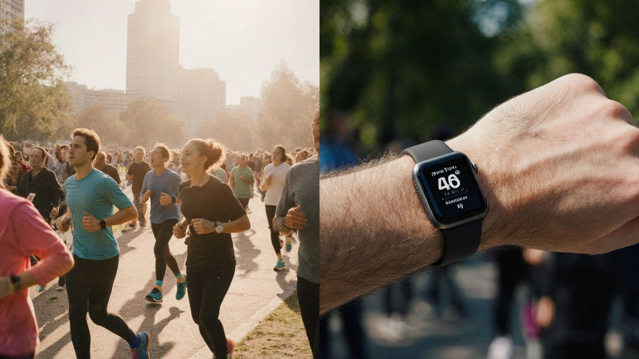 Park scene in 2019 with many Fitbits vs. 2025 dominated by Apple and Samsung wearables.