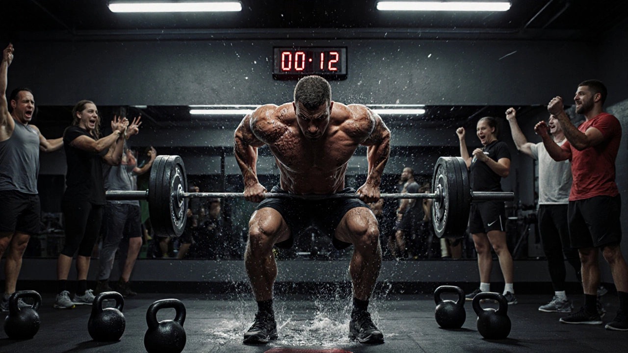 Person mid-workout in a CrossFit gym, exhausted but determined, surrounded by equipment and cheering teammates under bright lights.