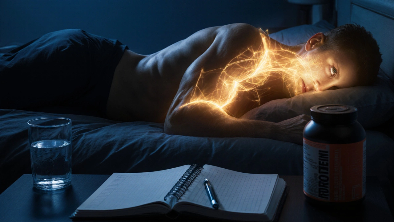 Person sleeping as golden energy pulses from muscles, symbolizing recovery after training