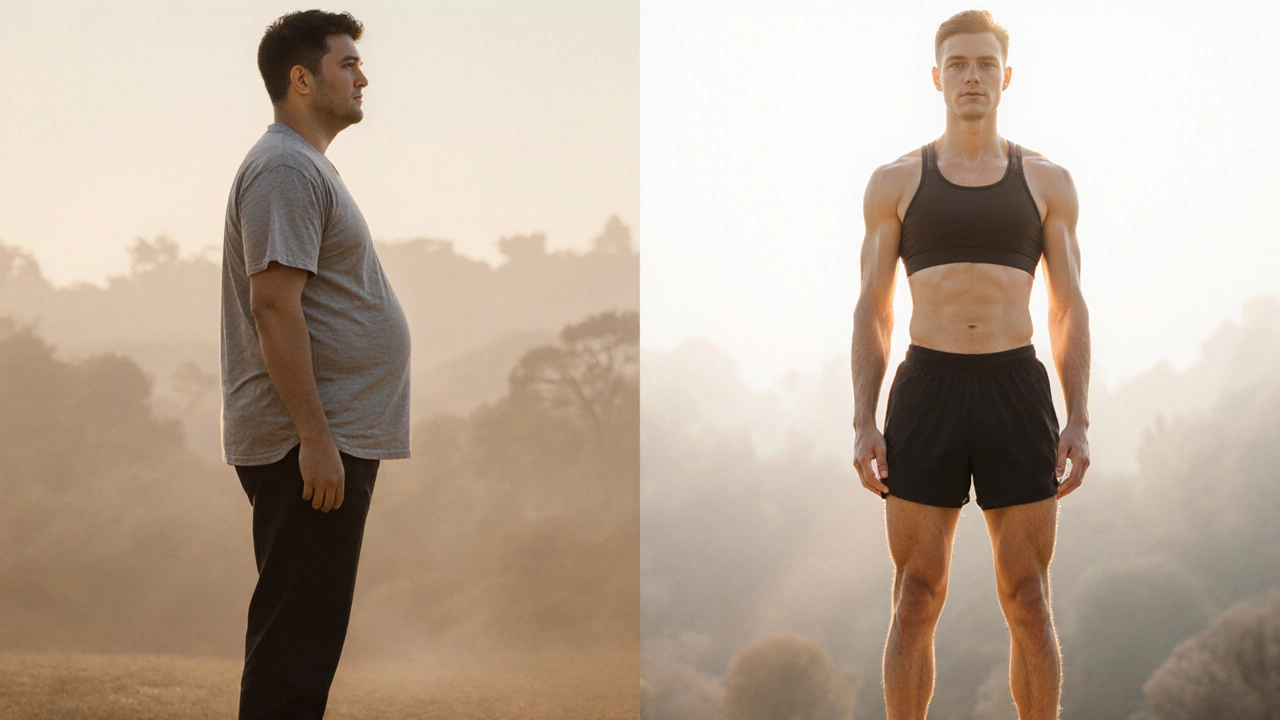 Side-by-side visual of someone before and after two weeks of home workouts, improved posture and tone.