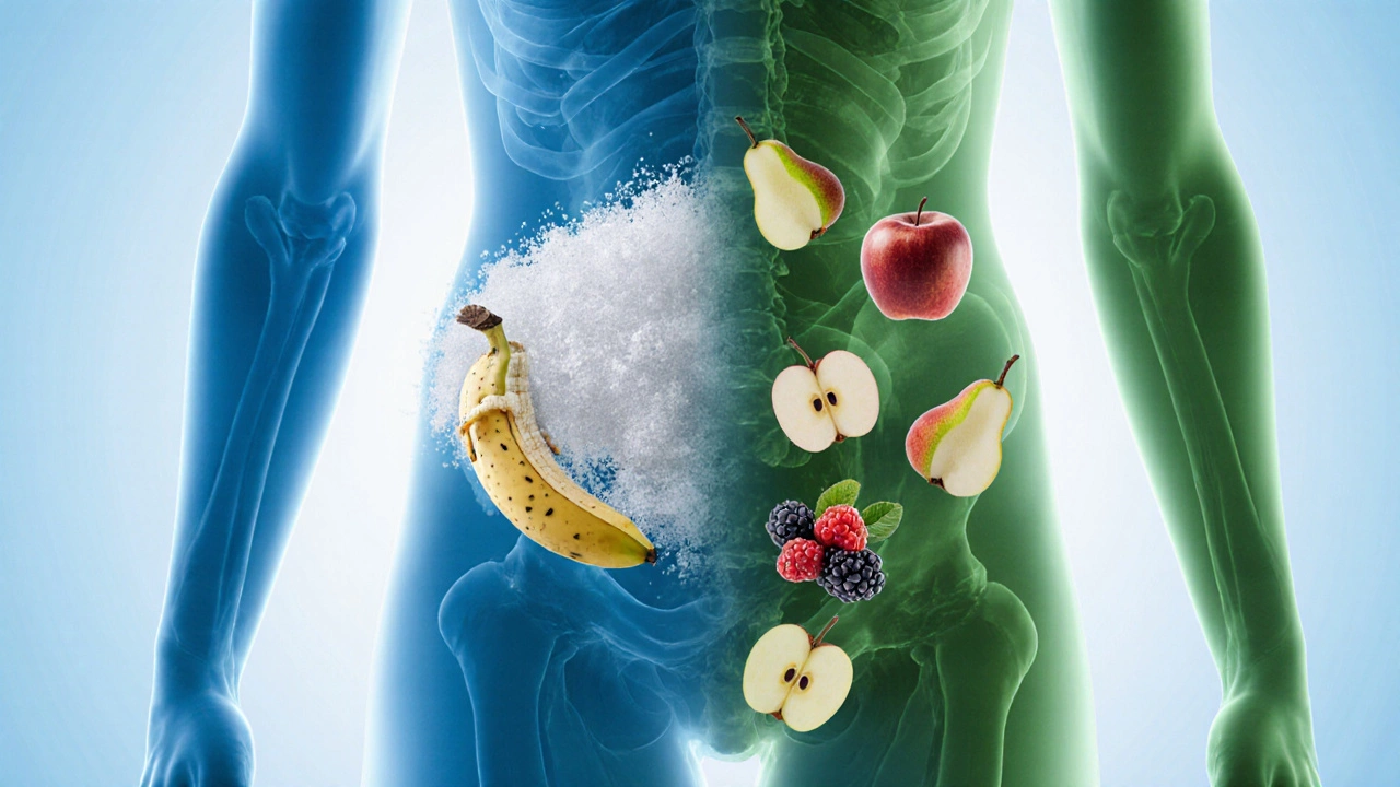 Silhouette of a waist with sugar and fruit on opposite sides, symbolizing fat loss through better food choices.