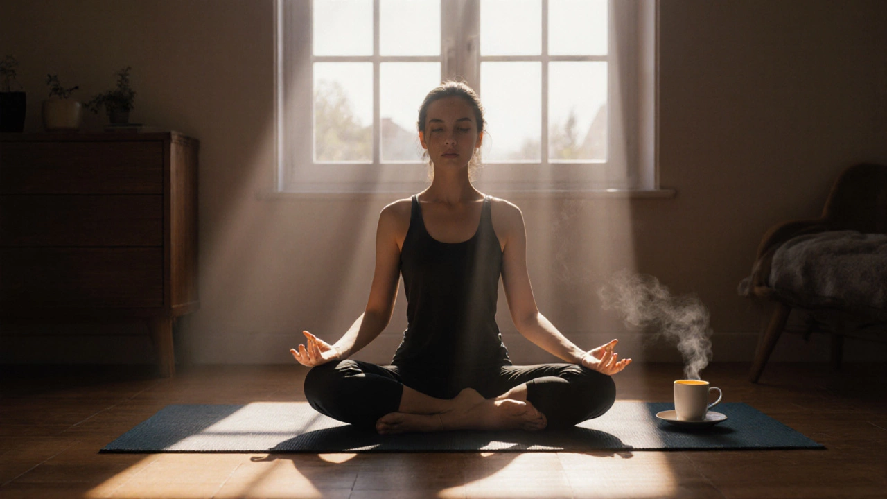 Someone in child’s pose doing yoga by a window, soft light, peaceful and grounded, no equipment needed.