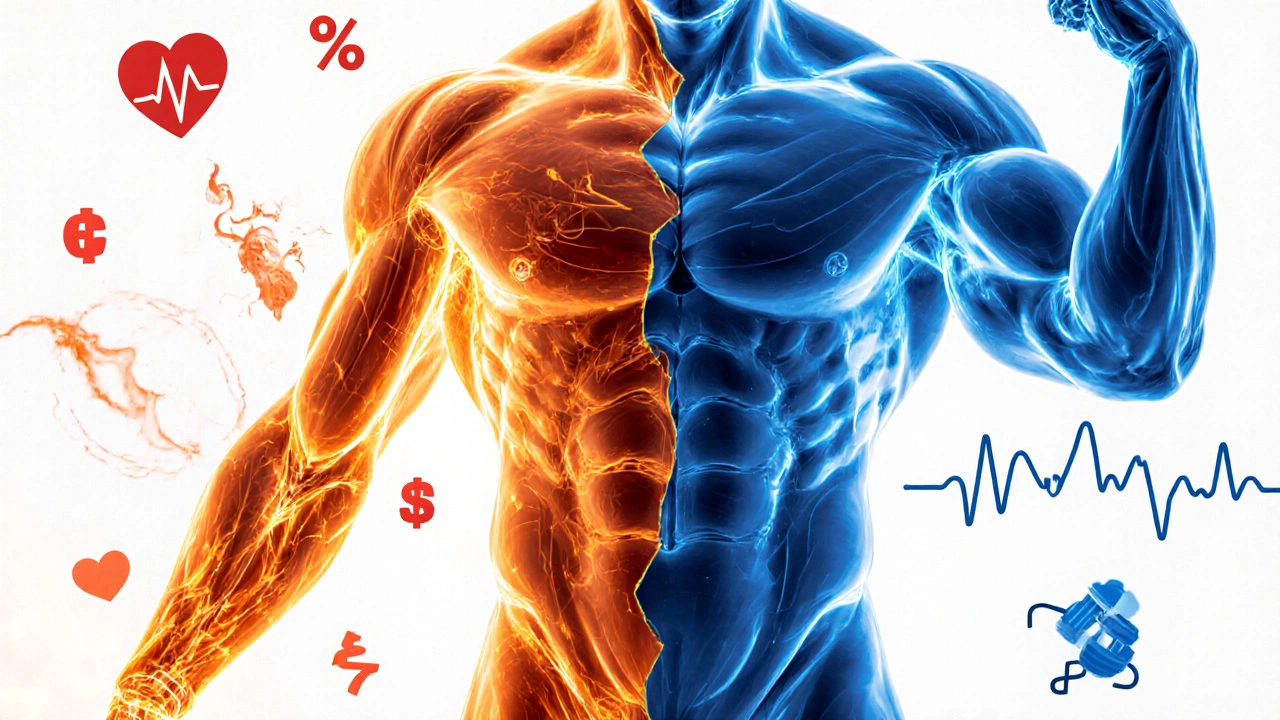 Split-body concept: fiery HIIT energy on left, muscular weights tone on right, blended waist.
