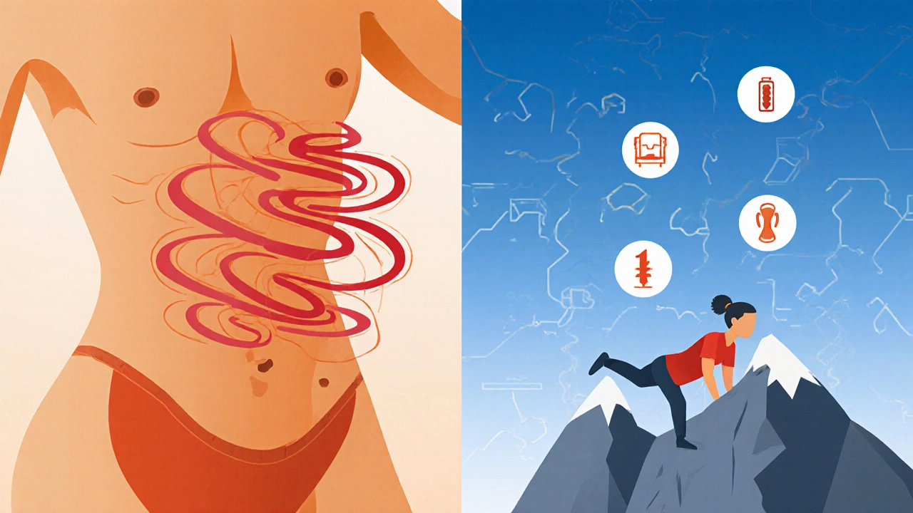 Split illustration showing cortisol fat storage and fat-burning exercises with calorie icons.