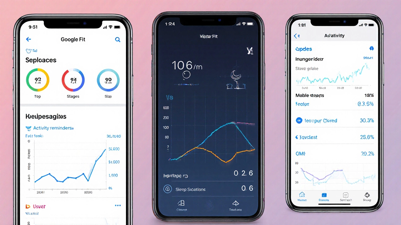 Three smartphone screens displaying minimalist health data interfaces with no text or logos.