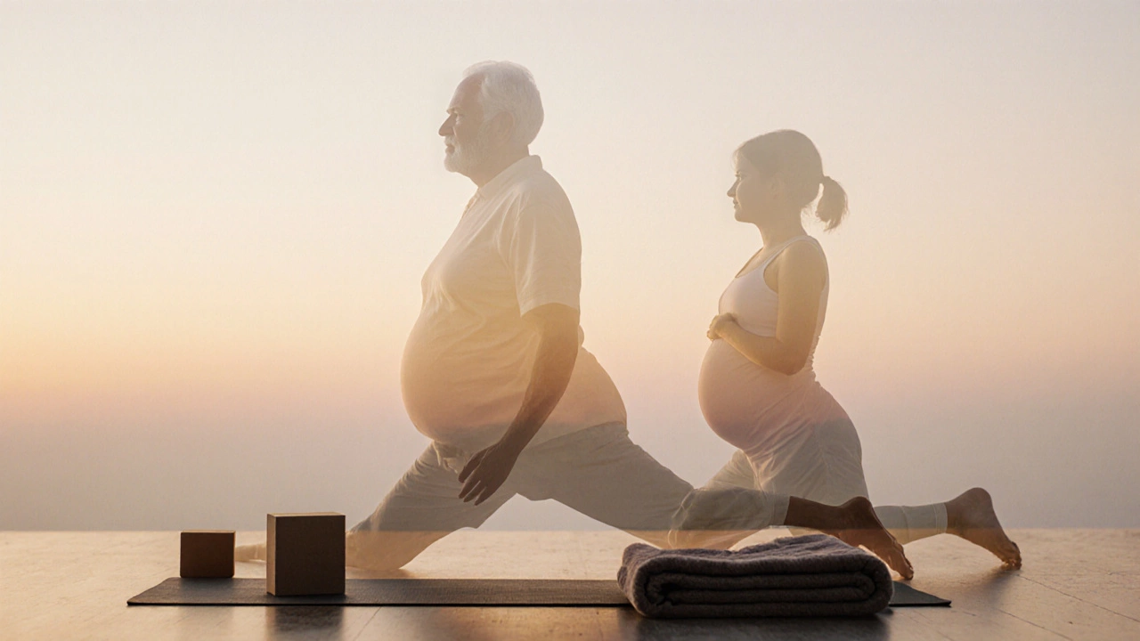 Three translucent silhouettes of different people in child’s pose, representing universal accessibility, against a dawn-to-twilight sky.