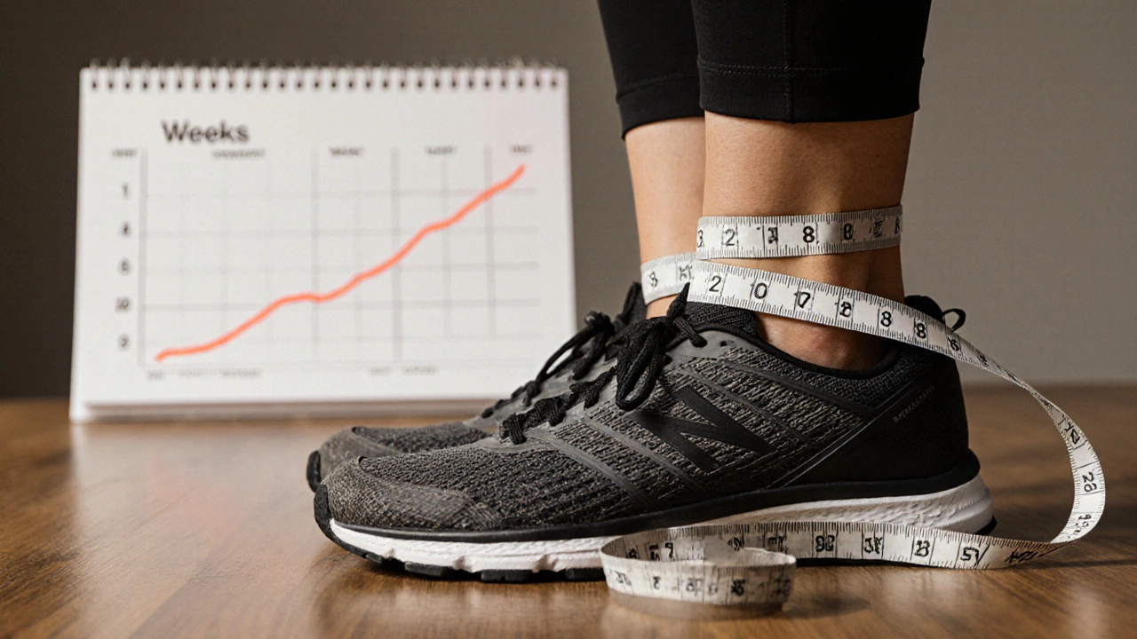 Worn running shoes and tape measure showing gradual waist reduction over weeks.