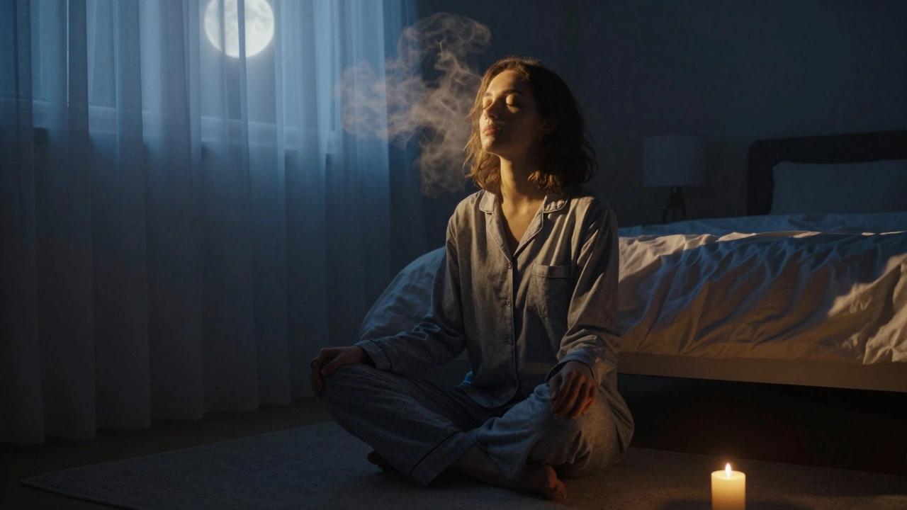 A woman meditating in moonlight, her breath visible as gentle golden mist in a peaceful bedroom.