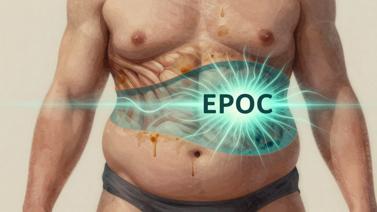 Abstract illustration of fat melting away while muscle grows and metabolic energy radiates from the torso.