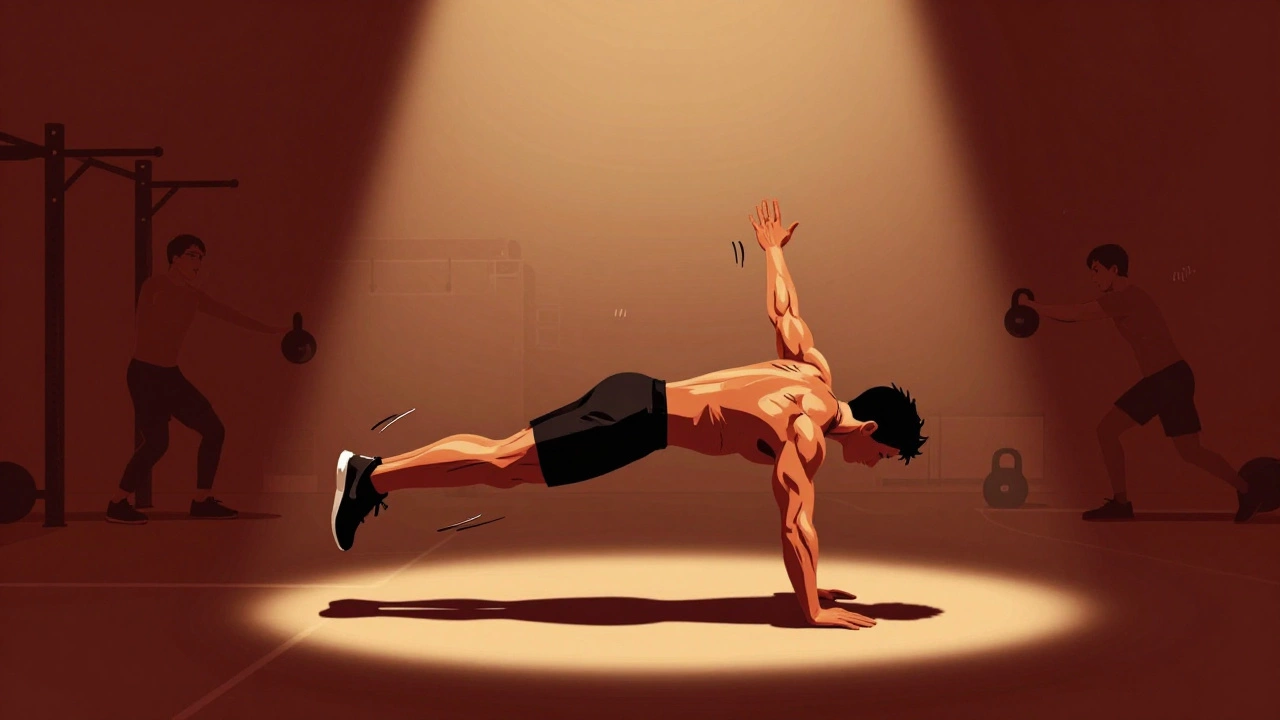 Athlete mid-burpee with arms up, dynamic motion lines, focused expression.