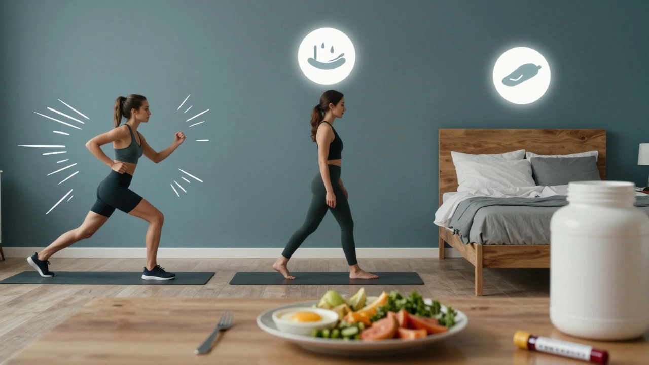 Balanced weekly routine showing HIIT, rest, sleep, nutrition, and health check.