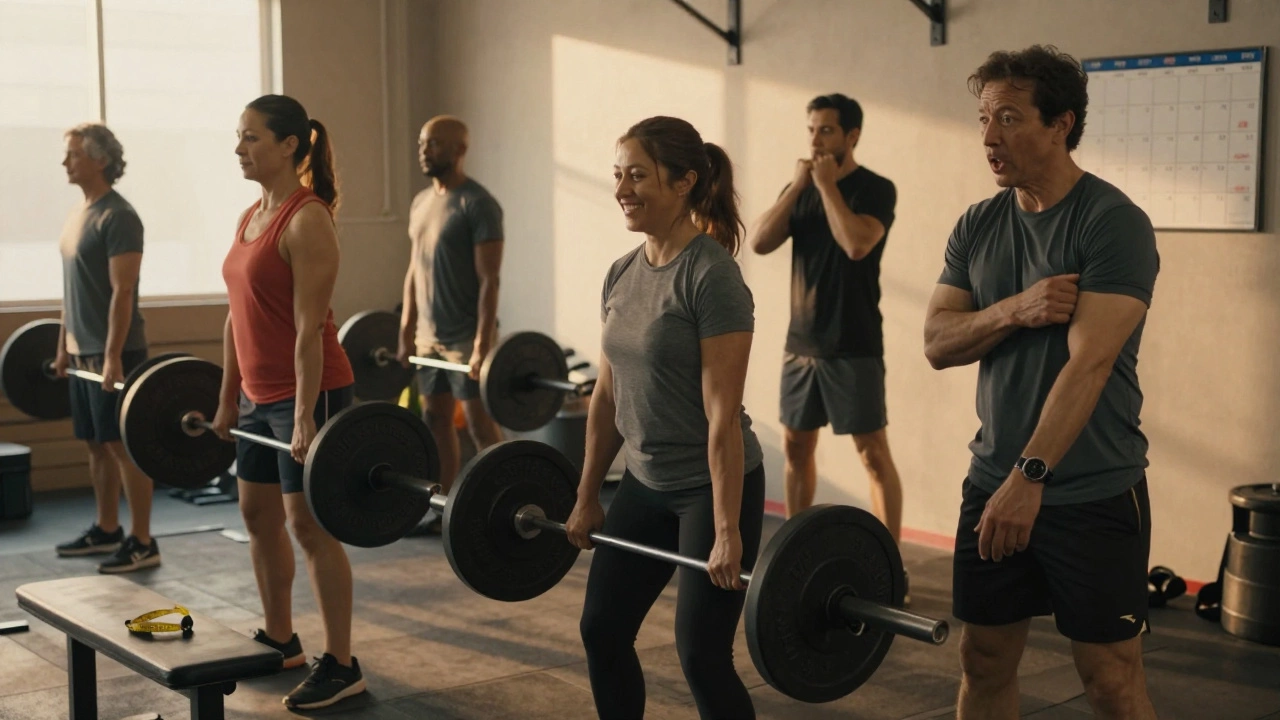 Diverse individuals lifting weights in a gym at golden hour, showing quiet triumph in their progress.