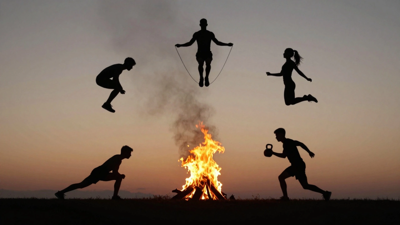 Five exercise silhouettes surrounding a metabolic fire, symbolizing HIIT fat burn.