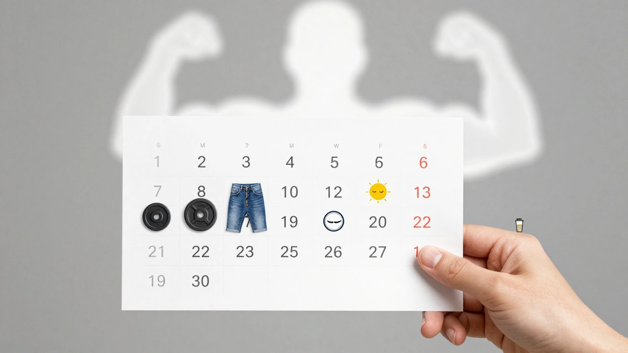 Hand holding calendar with weekly progress symbols fading into a glowing muscle silhouette.