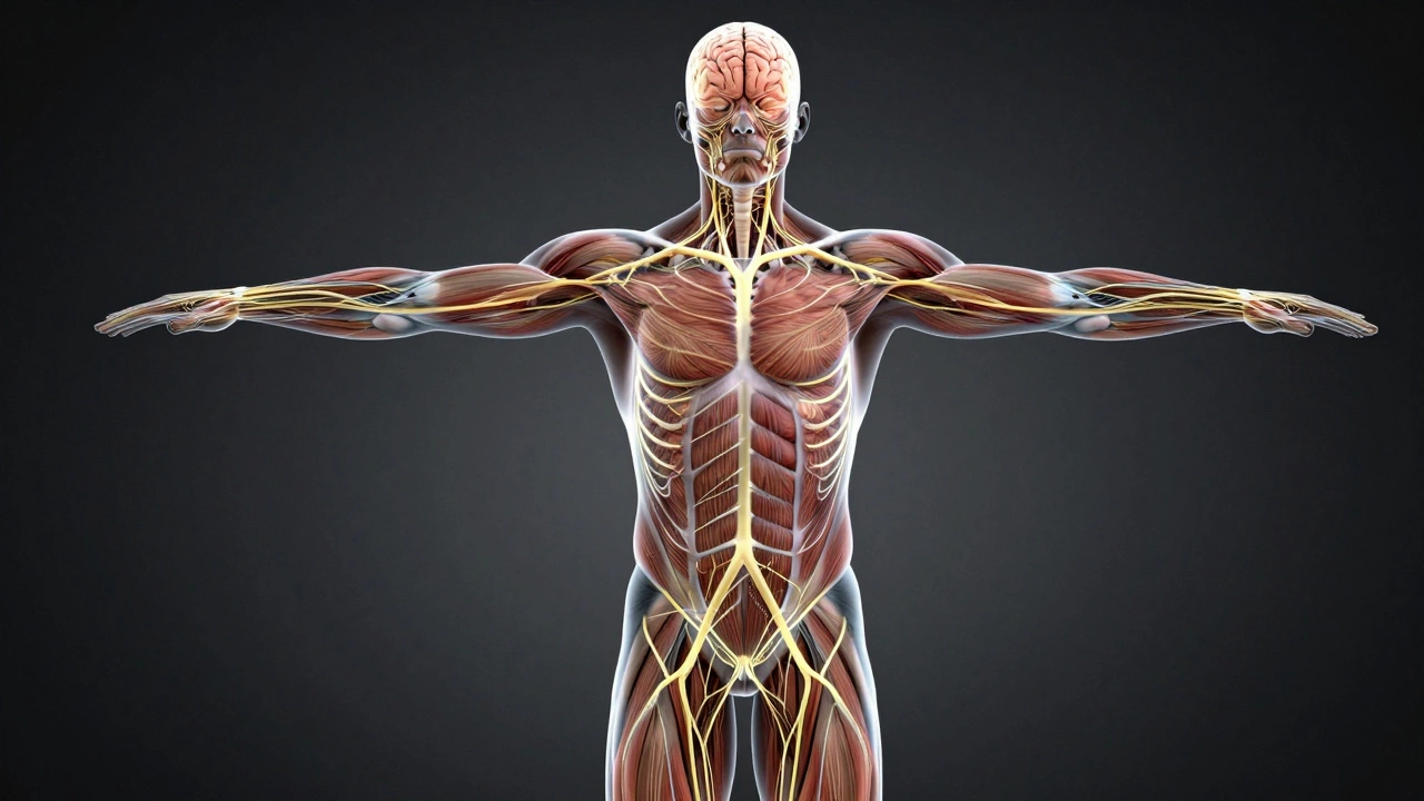 Illustration of neural pathways activating muscle groups, representing nervous system adaptation in early strength training.