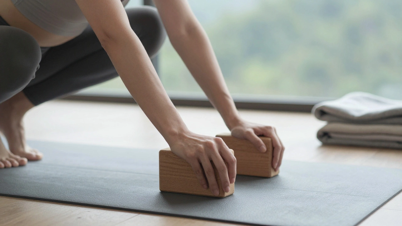 Individual practicing mountain pose with a block, focused and aligned.