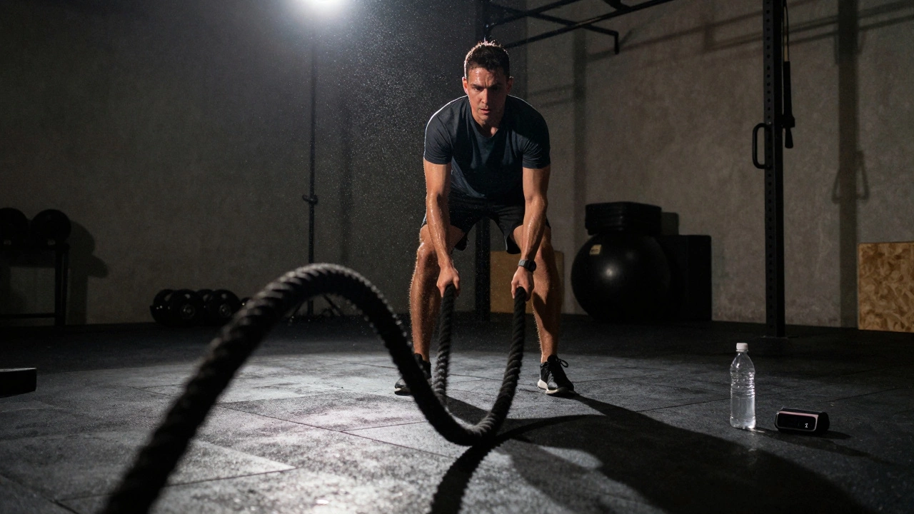 Individual sprinting in place with battle ropes, intense workout in dim gym lighting.