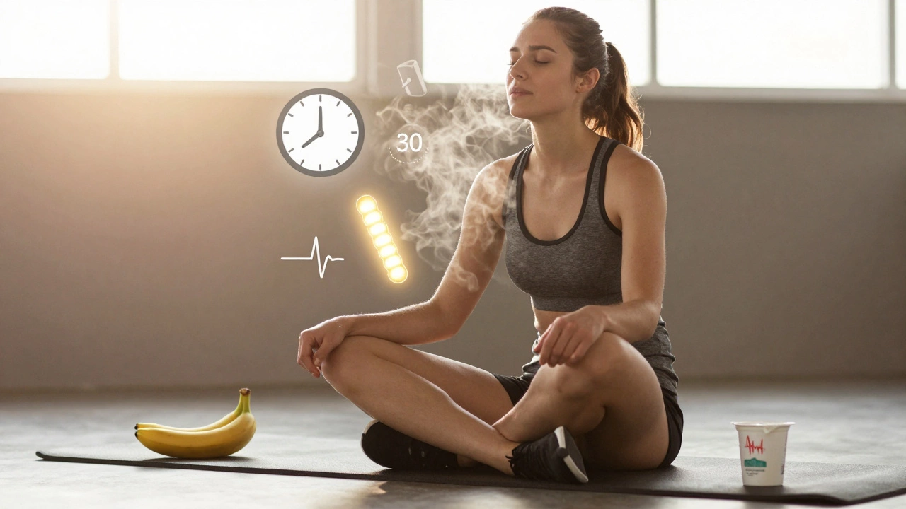 Person cooling down after HIIT, breathing deeply, floating icons of progress around them