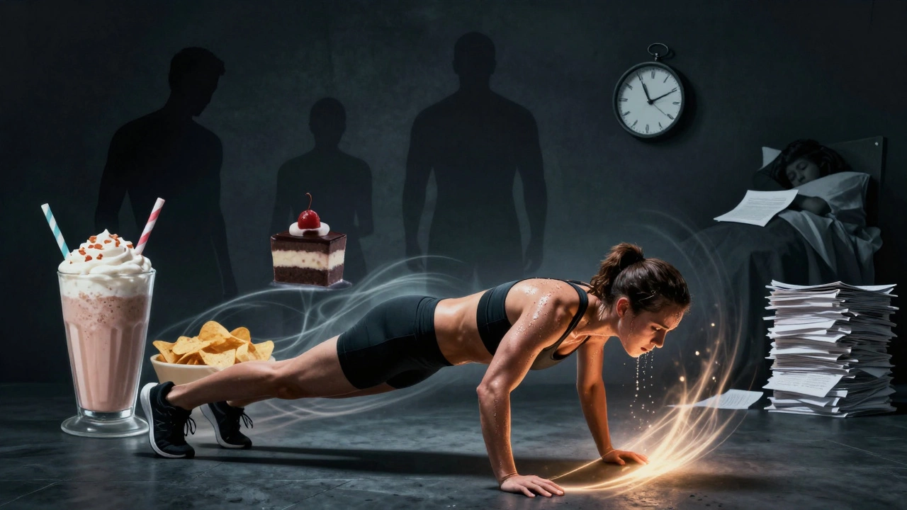 Person doing burpee with shadowy images of overeating and stress behind them.