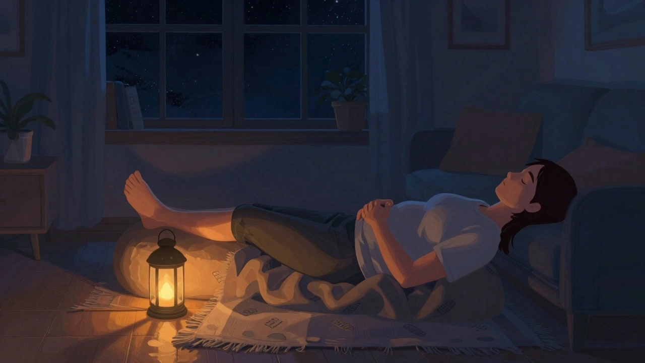 Person resting in legs-up-the-wall pose at night under warm lantern light.