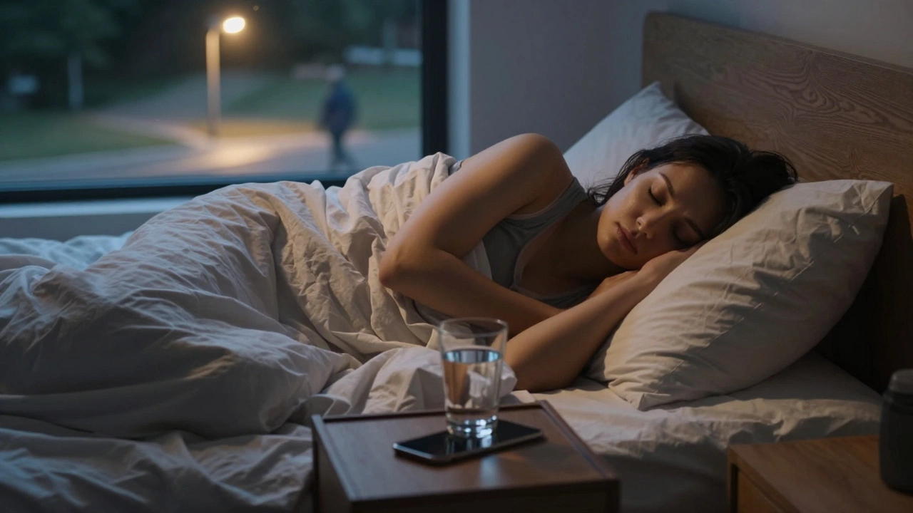 Person sleeping peacefully at night with water glass and turned-off phone beside the bed.