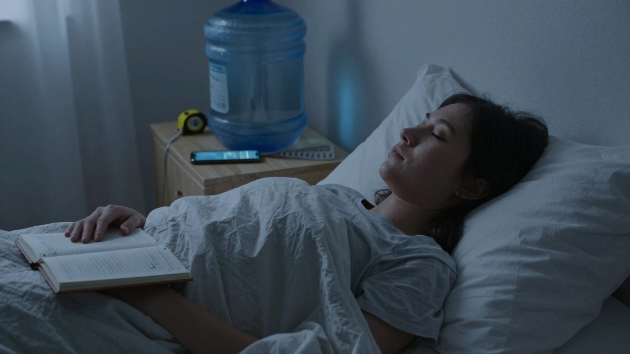 Person sleeping peacefully at night with water jug and tape measure on bedside table.