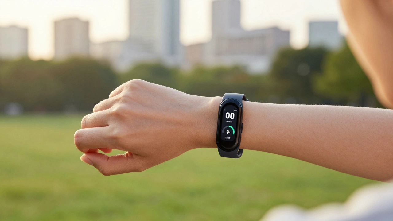 Person wearing fitness band in park, phone showing Huawei Health workout and recovery data.