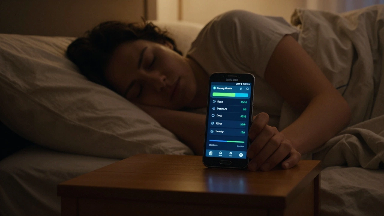 Phone on nightstand showing Samsung Health sleep analysis during nighttime rest.