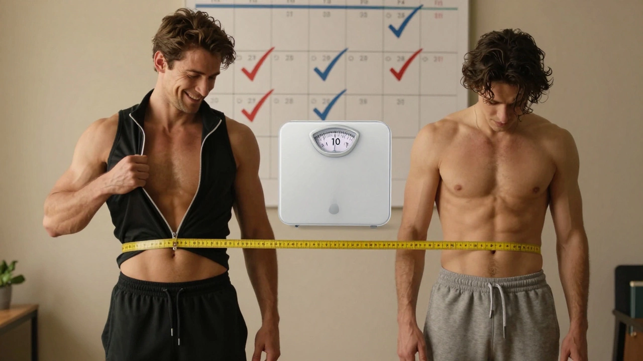 Side-by-side comparison of same person before and after HIIT, clothes looser despite same weight.