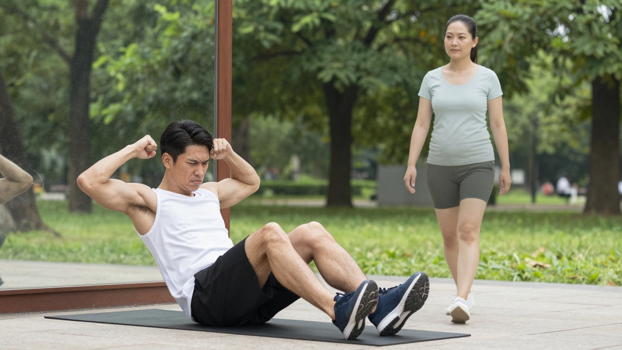 Split image: one person doing crunches with fat unchanged, another walking as visceral fat reduces.
