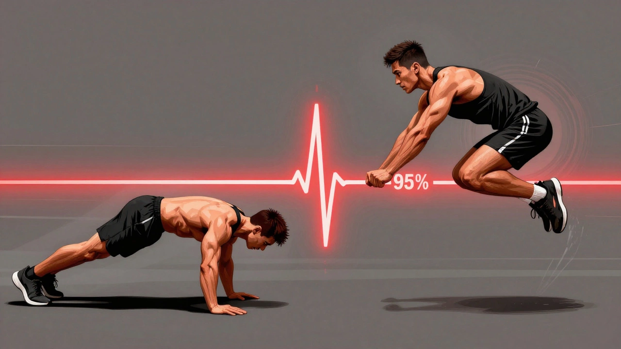 Split-screen comparison: poor vs perfect burpee form with heart rate graph between them