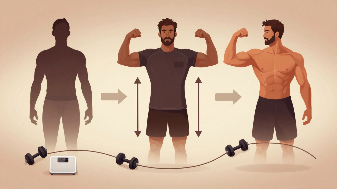 Split timeline illustration showing body transformation from weak silhouette to defined muscles with clothing and strength cues.