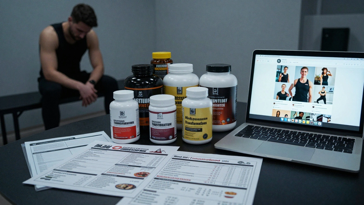 Trainer's desk filled with branded supplements and social media promotions
