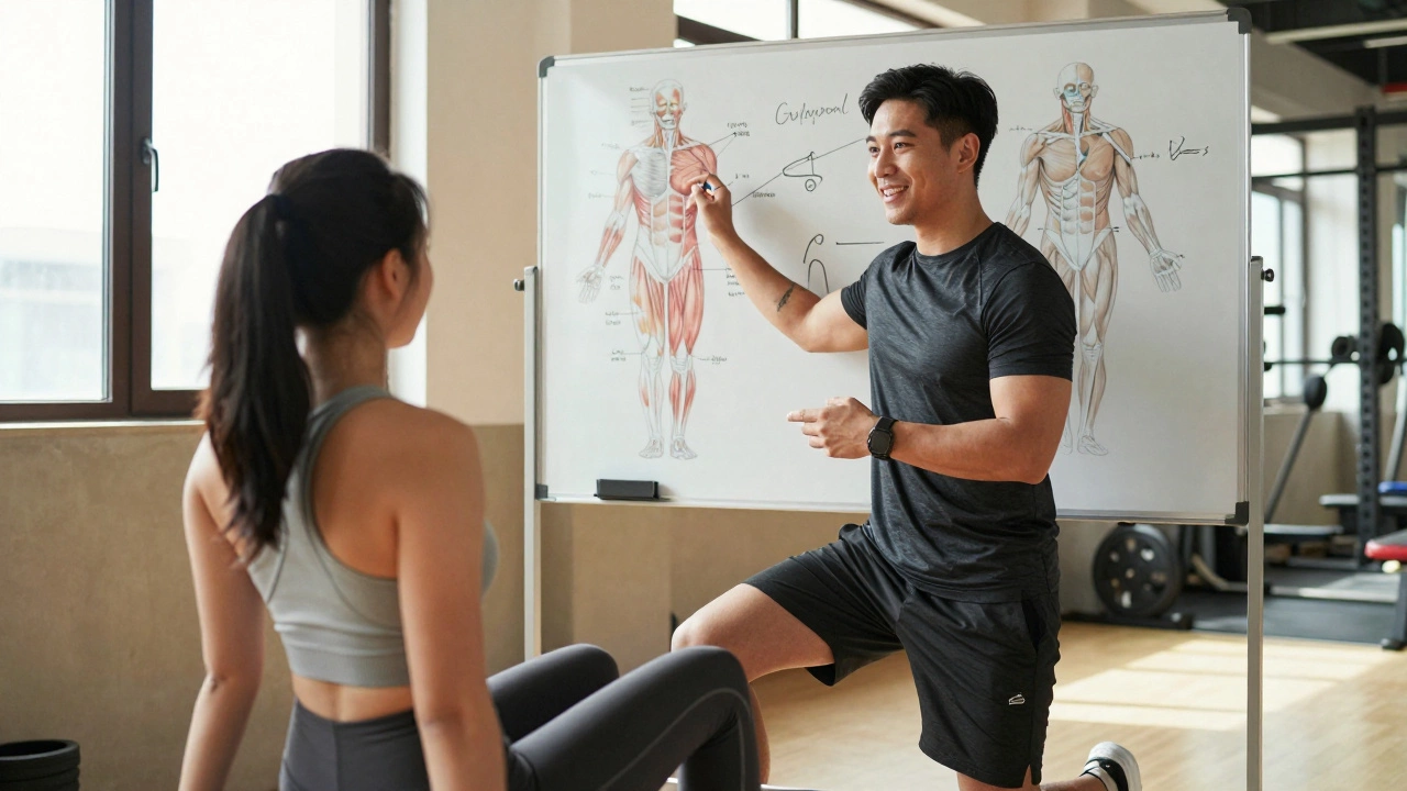 Trainer explaining muscle activation with a whiteboard diagram to a client