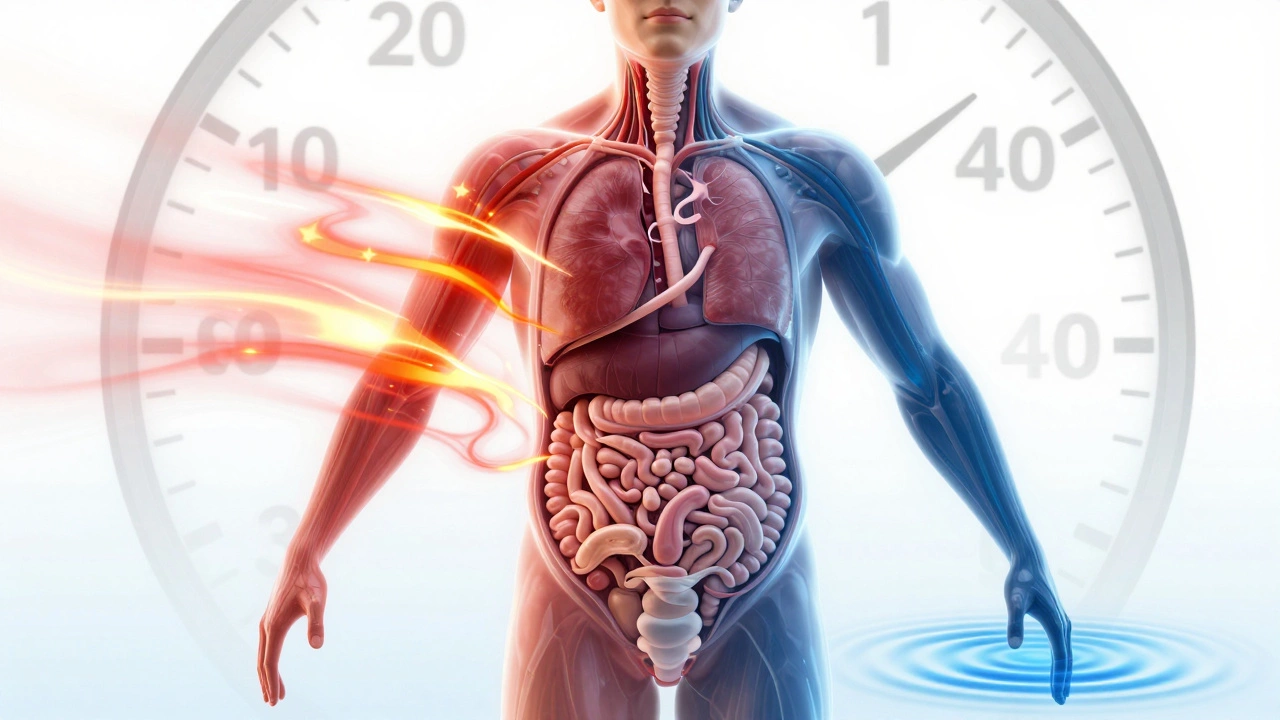 Transparent human torso with fat around organs, showing energy waves from HIIT and running.