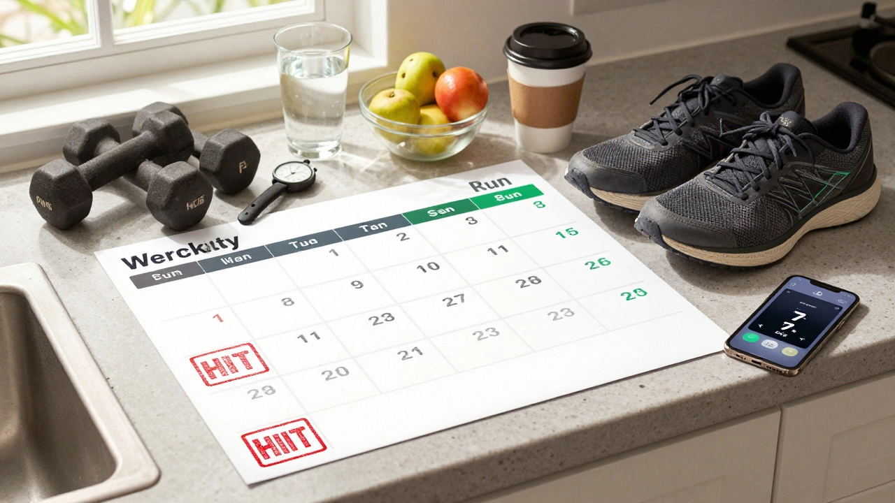 Weekly workout calendar with HIIT and running days, healthy food, and sleep tracker on counter.