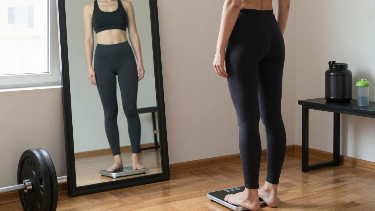 Woman standing beside a scale with same weight but slimmer reflection in mirror, showing body composition change.