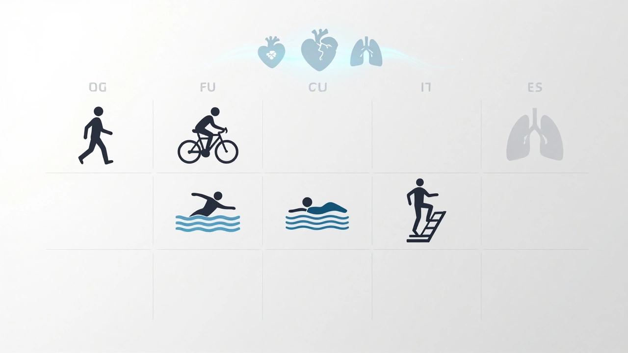 A calendar showing five active days with cardio activities and two rest days, with soft glowing health icons above.