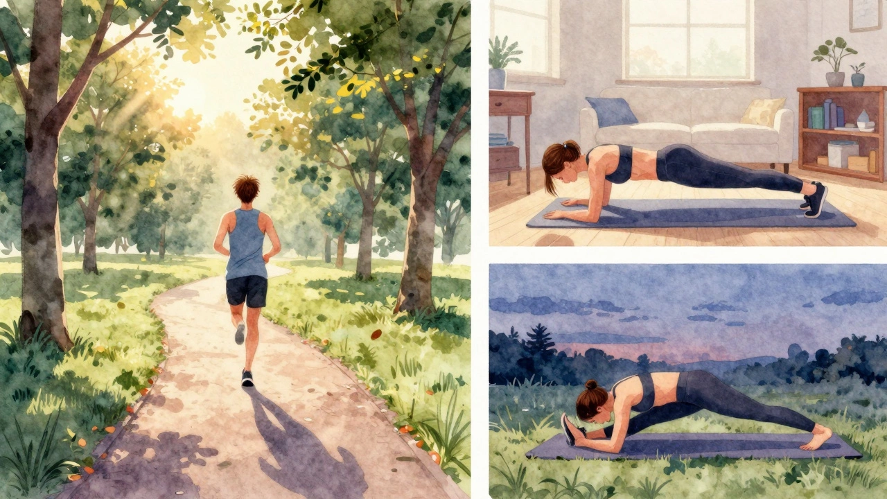A watercolor scene showing jogging, push-ups, and stretching across dawn, day, and dusk, symbolizing balanced fitness.