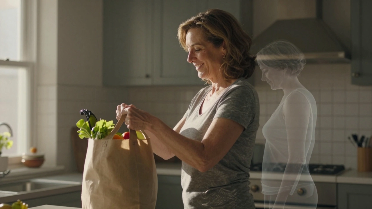 A woman lifting groceries with confident posture, the fading image of her former hunched posture visible behind her in soft transparency.