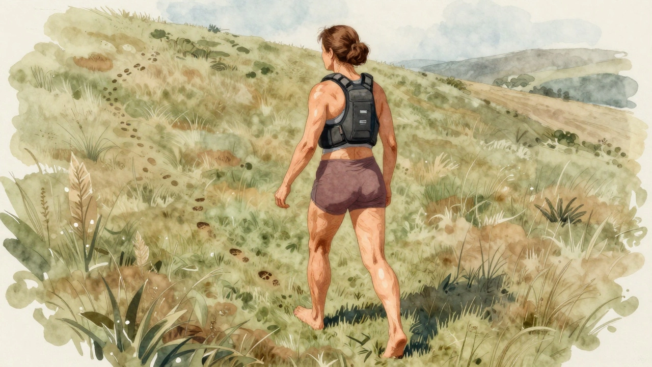 A woman walking barefoot uphill on grass with a weighted vest, muscles engaged, in a soft watercolor style.