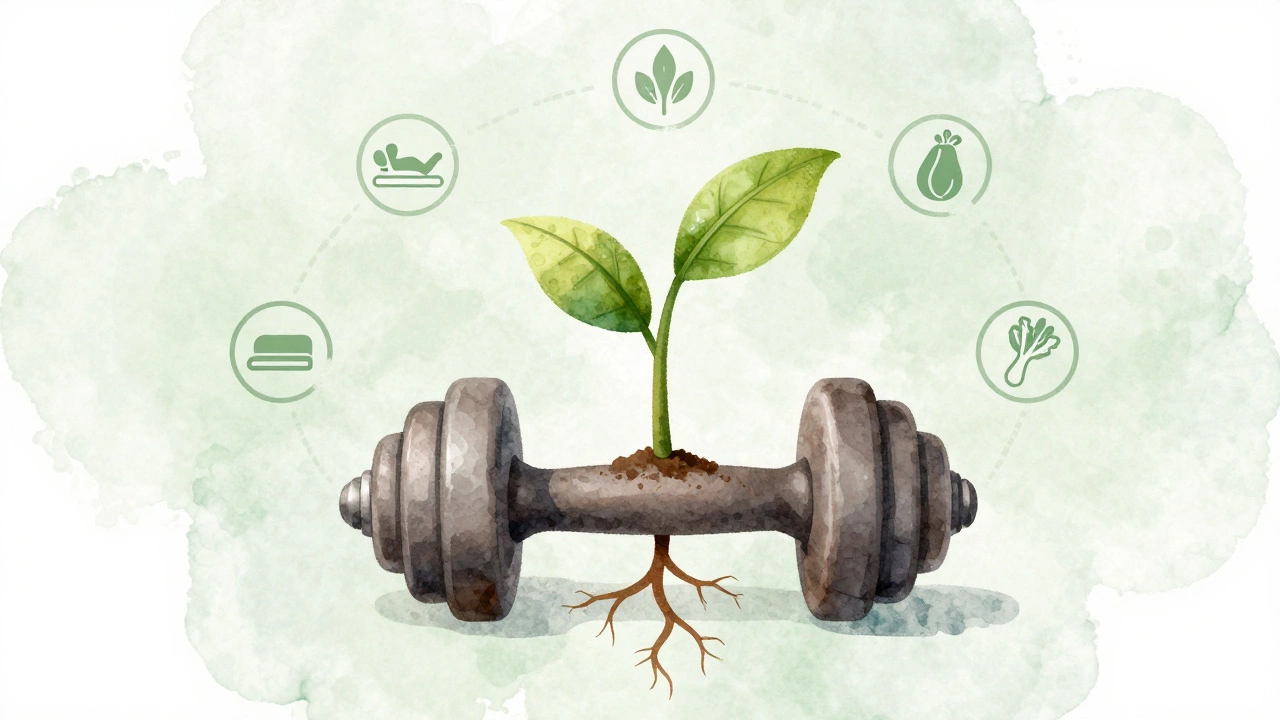 Abstract plant growing from a dumbbell symbolizing consistent fitness progress