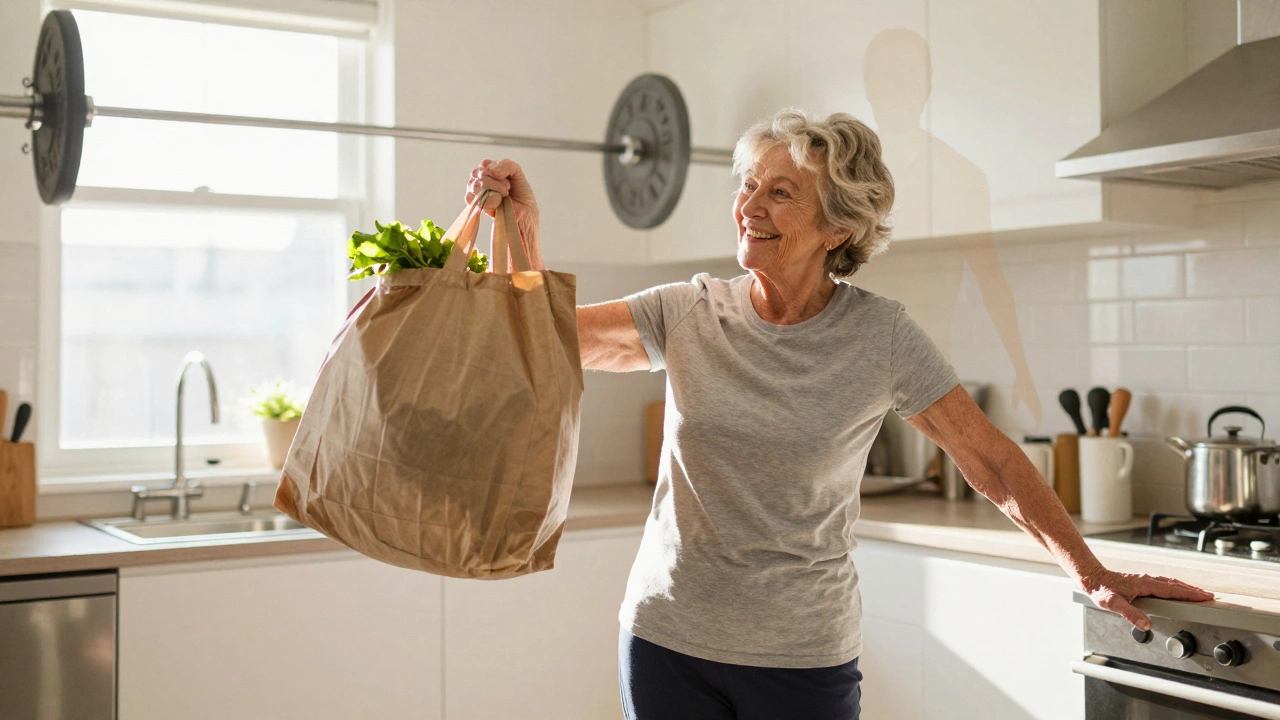 An elderly woman lifting groceries with ease, embodying functional strength.