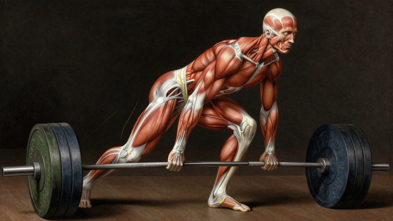 Anatomical illustration showing muscles engaged during a deadlift.