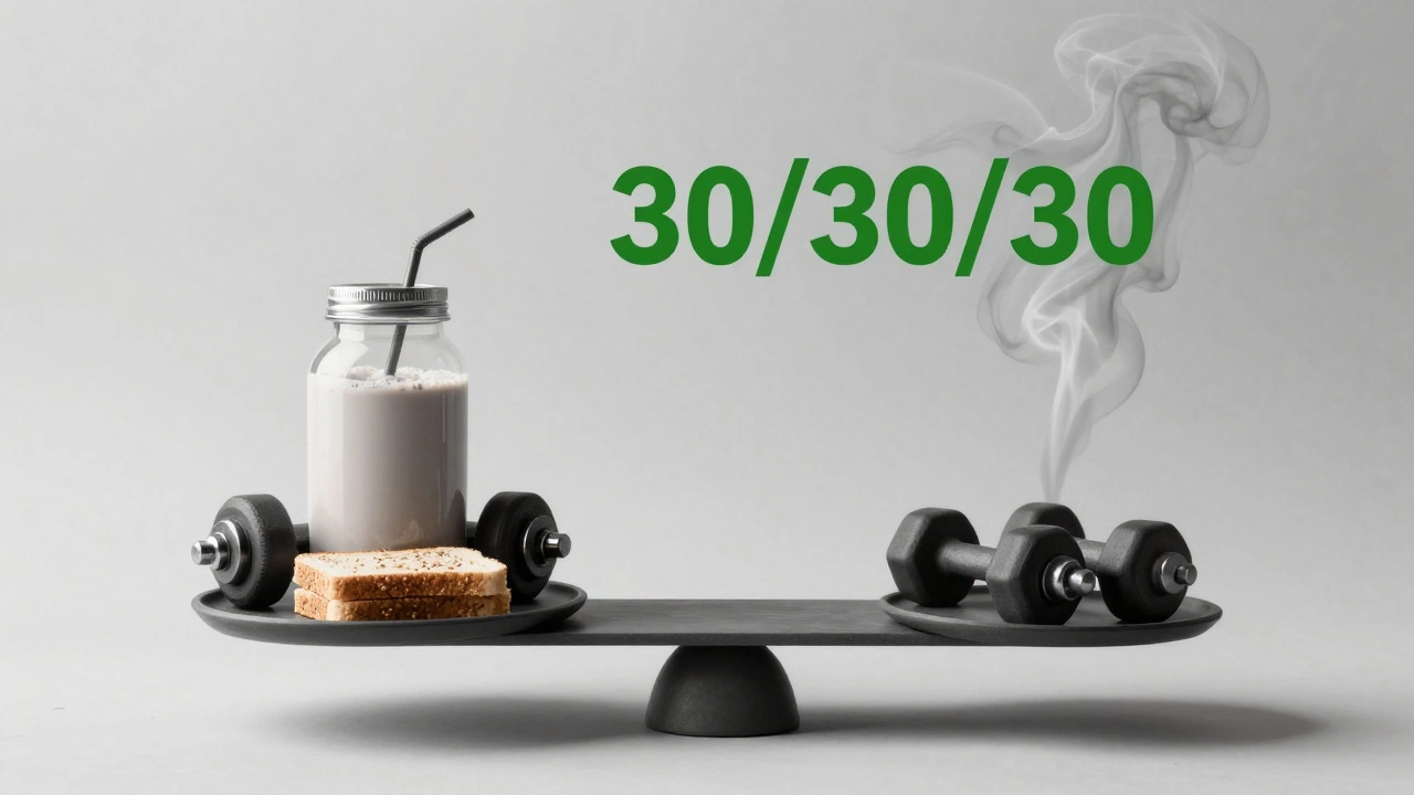 Balanced scale with healthy breakfast and exercise items versus empty space.