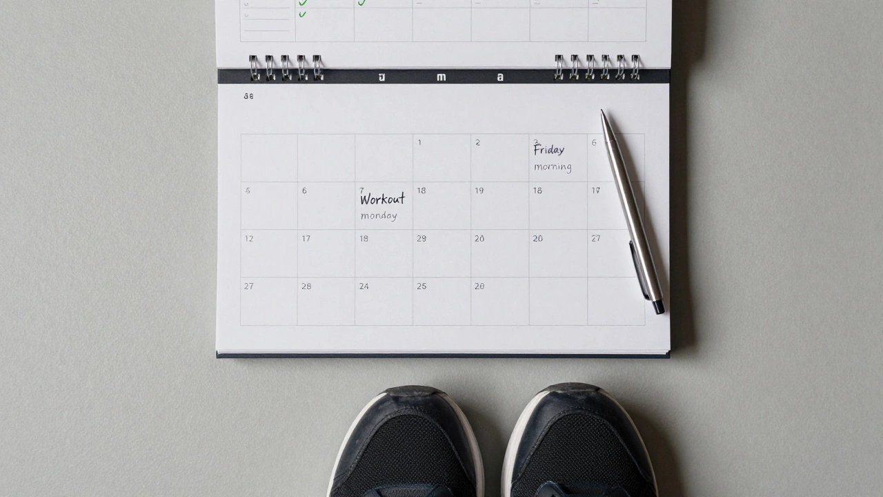 Calendar with workout times marked and shoes nearby, symbolizing consistent routine.