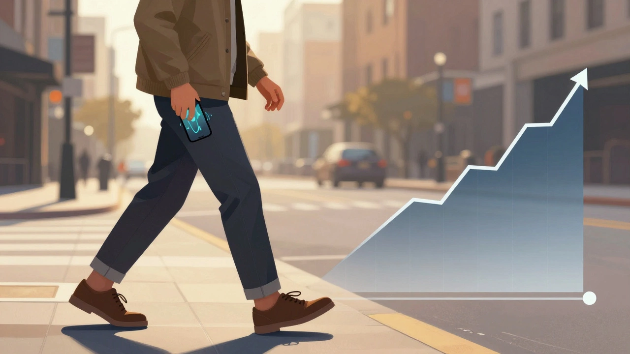 Person walking with phone in pocket and rising step graph beside them.