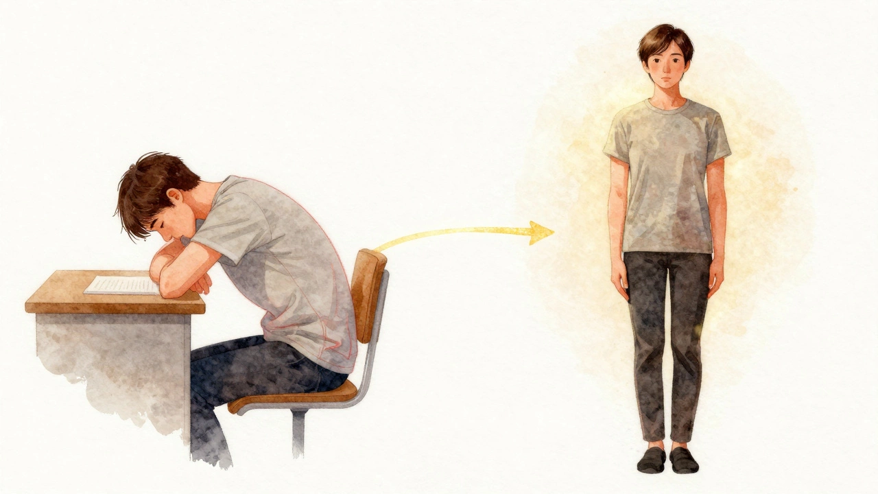 Side-by-side artistic depiction of a person's posture improvement, showing slouched vs. upright stance connected by a glowing path.