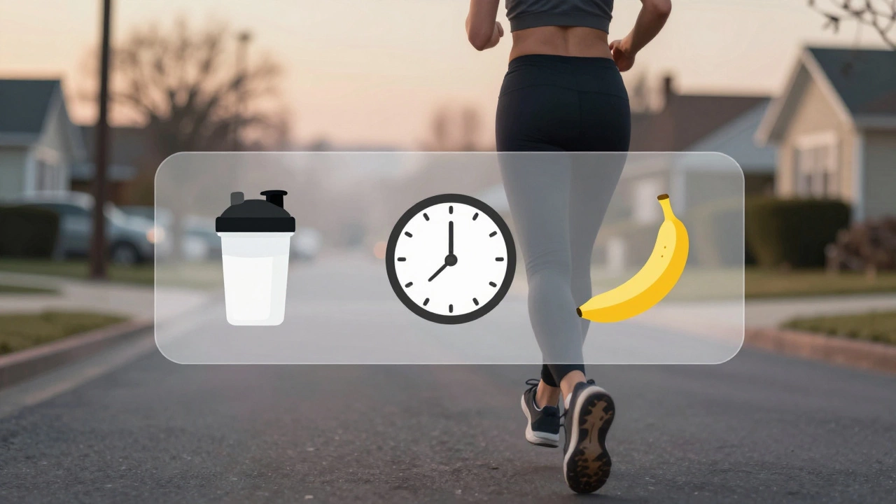 Someone jogging at dawn with icons of protein, time, and carbs floating nearby.