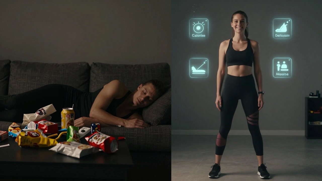 Split image showing contrast between sedentary lifestyle and active routine after 10 minutes of exercise.